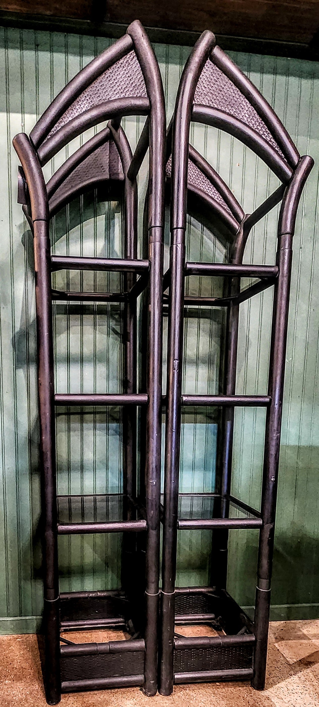 Vintage Pagoda Curio Chinoiserie Display Shelves with Glass Shelves