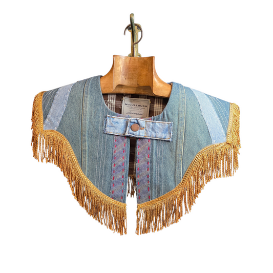 The Fringe Capelet - Reclaimed Denim Patchwork + Bullion Fringe