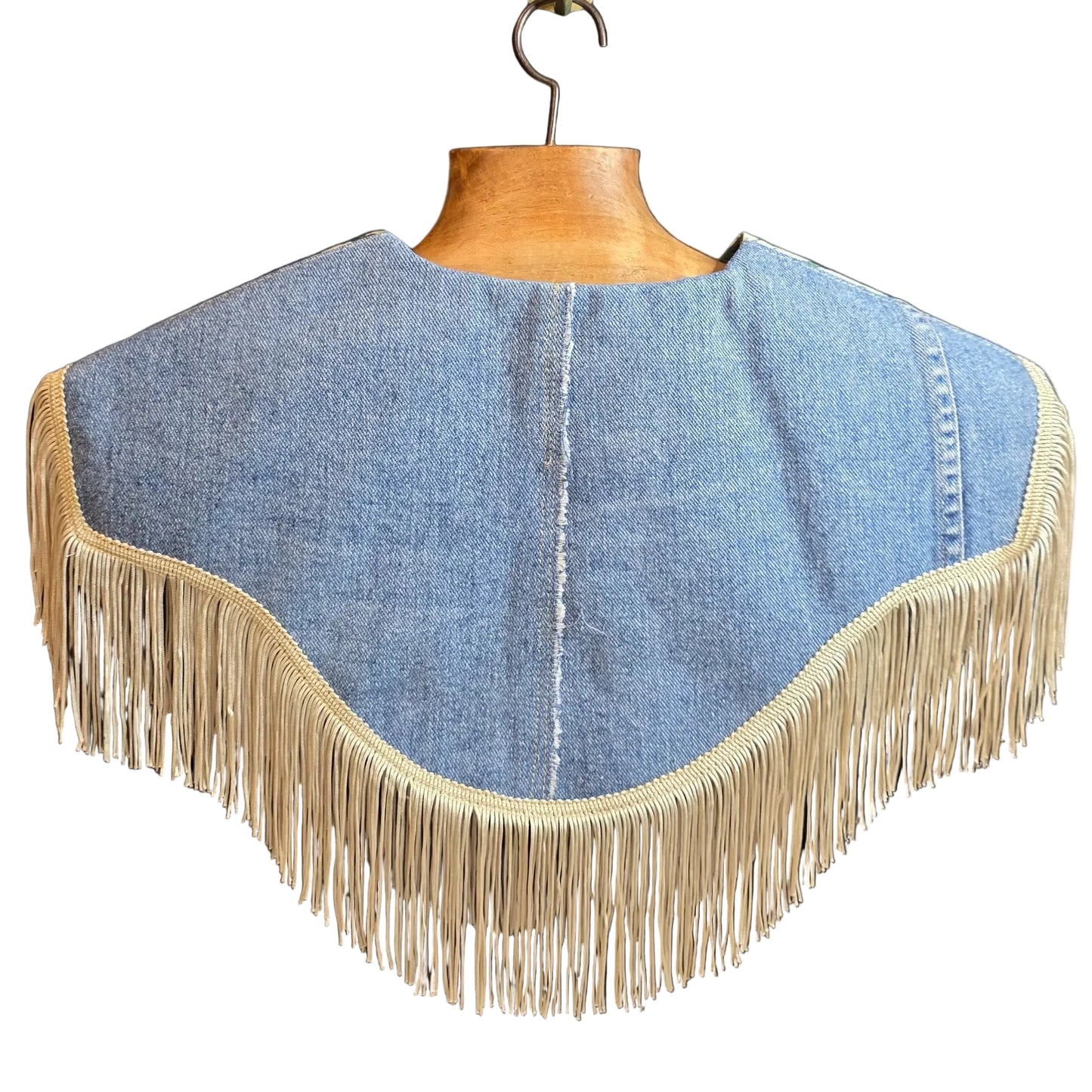 Western for the Weekend — Tie-On Fringe Capelet MADE IN TEXAS
Reclaimed denim back with Champagne fringe. Festival Collar