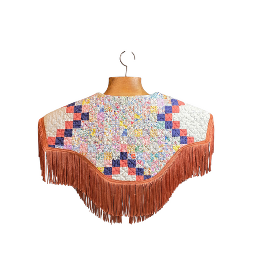 Western for the Weekend — Tie-On Fringe Capelet (Vintage Patchwork Quilt + Rust Fringe)