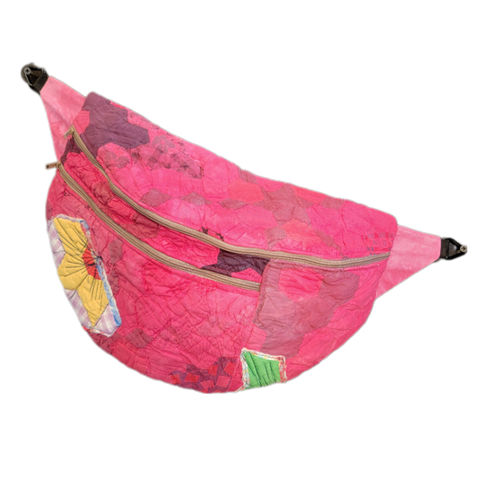 The Traveler - Sling Crossbody Bag Fannie - - Sling Crossbody Bag - Hex Granny Floral Garden in Hand Dyed Pink with Over-Patching and Stitchwork 031