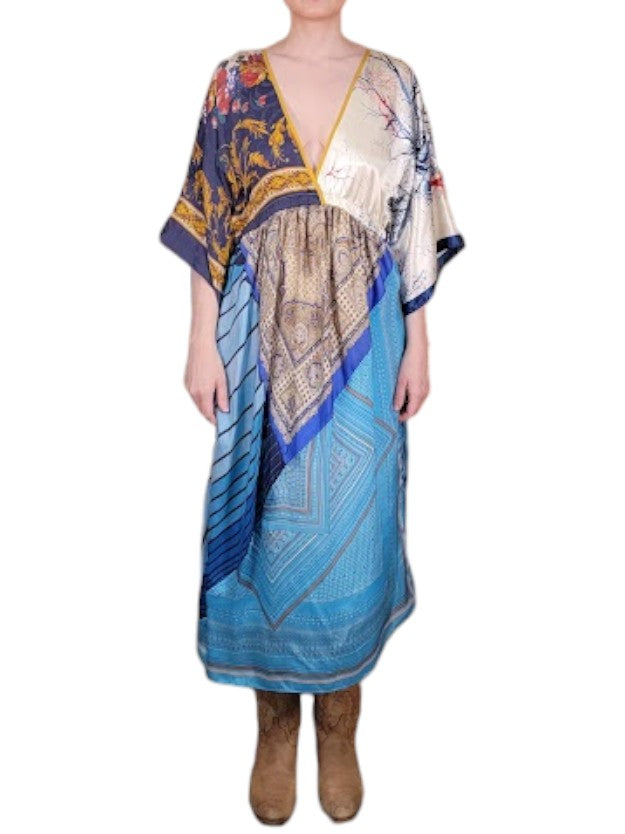The Sarita Dress Above-The-Ankle - Blue/Multi, Vintage Silk Blend Scarves
