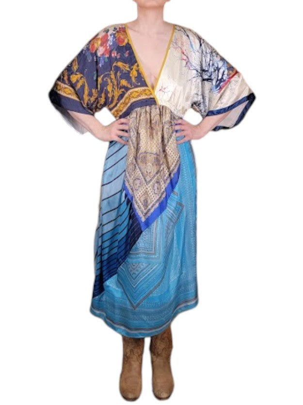 The Sarita Dress Above-The-Ankle - Blue/Multi, Vintage Silk Blend Scarves