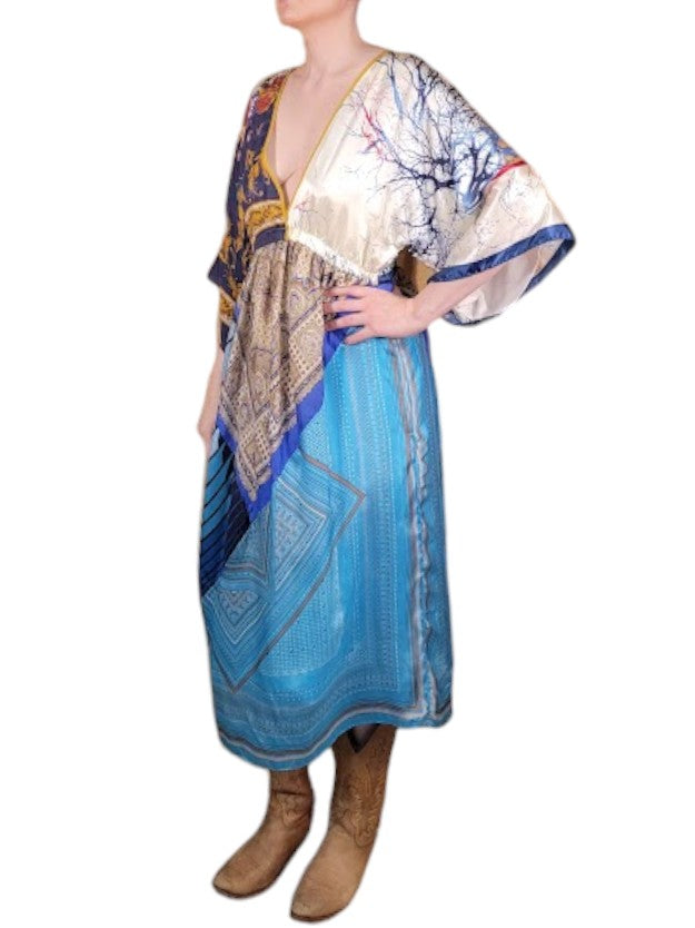 The Sarita Dress Above-The-Ankle - Blue/Multi, Vintage Silk Blend Scarves