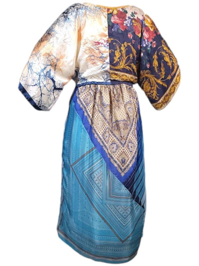 The Sarita Dress Above-The-Ankle - Bue/Multi, Vintage Silk Blend Scarves