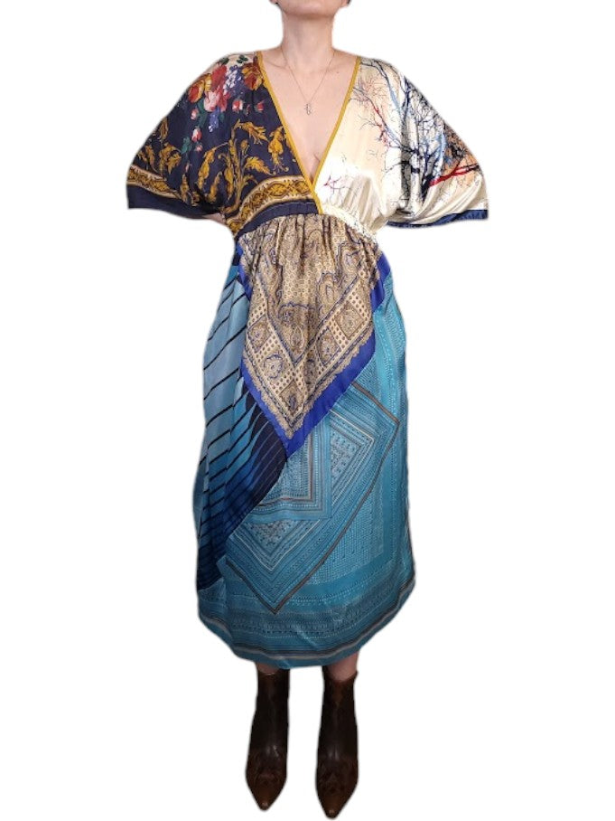 The Sarita Dress Above-The-Ankle - Bue/Multi, Vintage Silk Blend Scarves