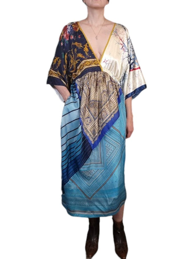 The Sarita Dress Above-The-Ankle - Bue/Multi, Vintage Silk Blend Scarves