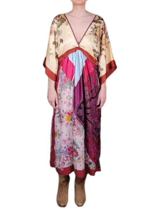 The Sarita Dress Above-The-Ankle - Maroon/Multi, Vintage Silk Blend Scarves