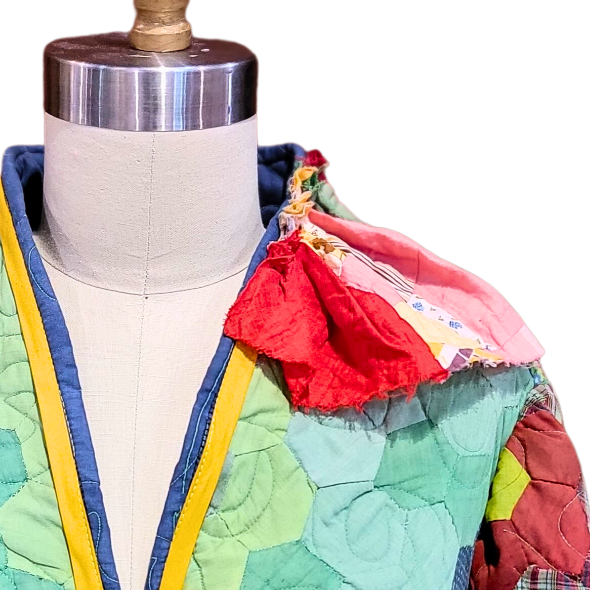 Vintage Quilt Jacket - All Season Split Back with Hi-Low Hemline - Hex Granny Floral Garden - Hand Dyed Green with Over-Patching and Stitchwork