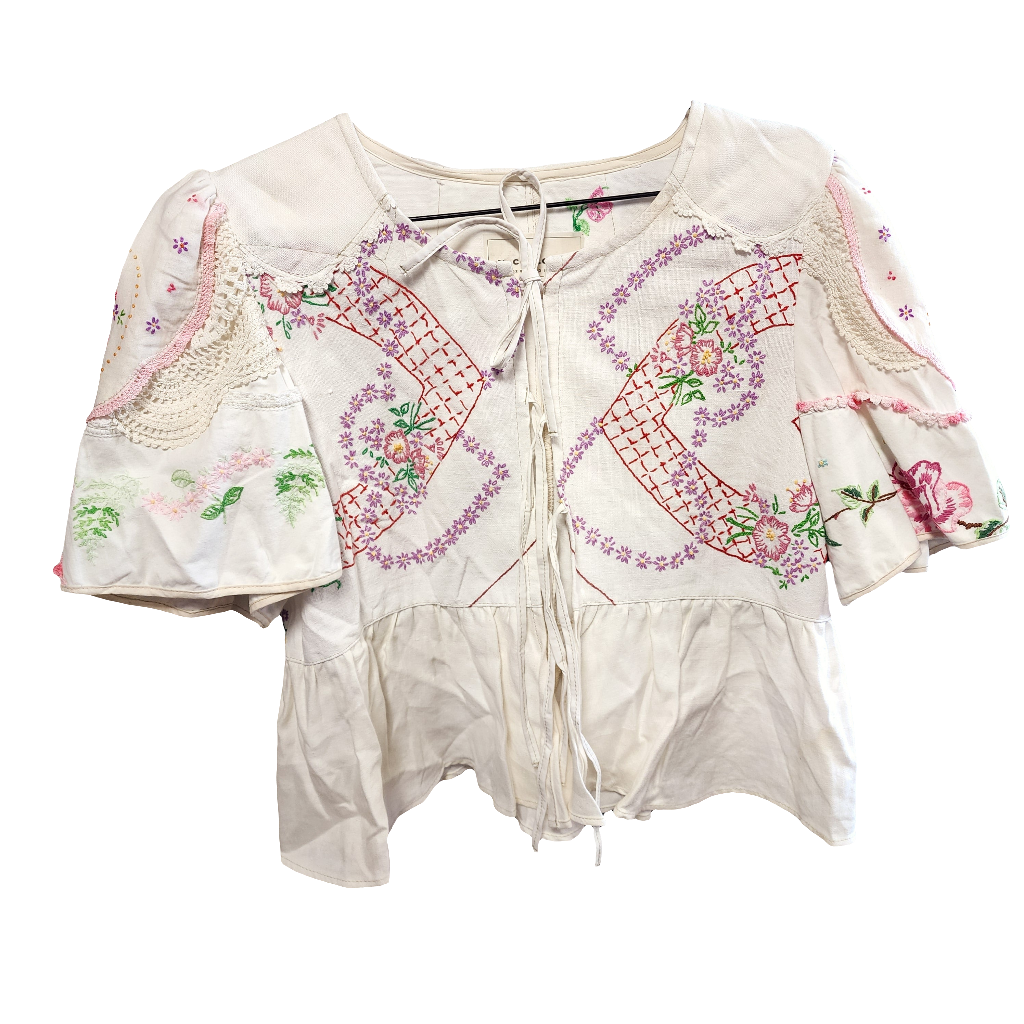 Vintage Linens embroidered doilies tie front top shirt