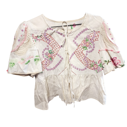 Vintage Linens embroidered doilies tie front top shirt