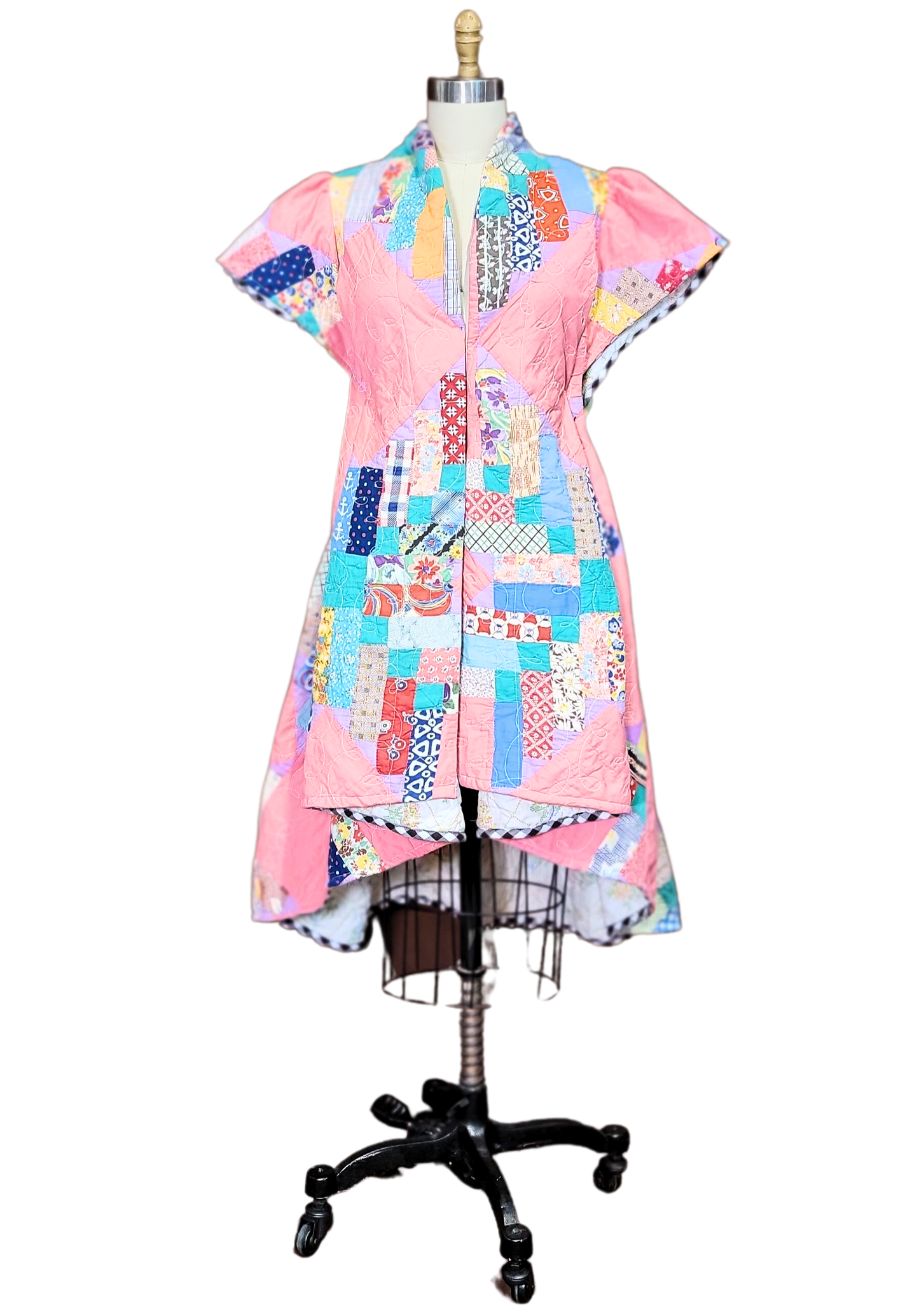 Vintage Quilt Jacket - All Season Split Back with Hi-Low Hemline - Pink & Patchwork with Puffy Cap Sleeve