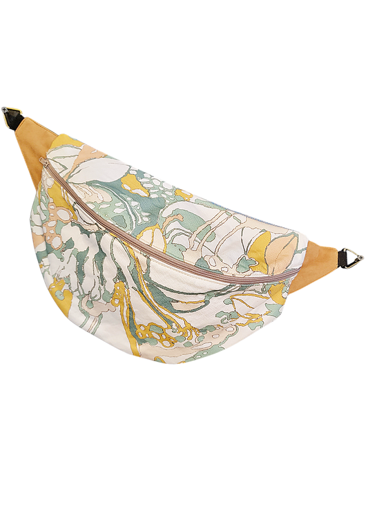 Designer Quilt Fanny Pack - Sling Crossbody Bag - Camellia Floral Luxury Fabric 039