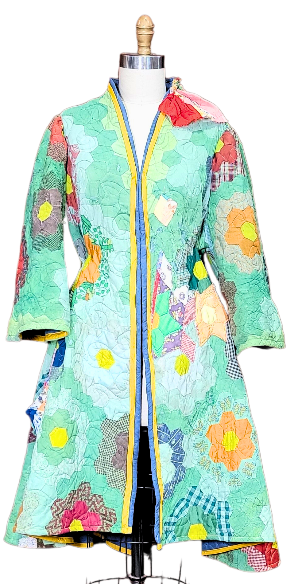 Vintage Quilt Jacket - All Season Split Back with Hi-Low Hemline - Hex Granny Floral Garden - Hand Dyed Green with Over-Patching and Stitchwork