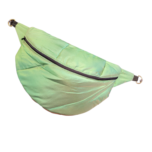 The Traveler Silk Puffer Fanny Pack - Sling Crossbody Bag - Iridescent Silk in Mint 008