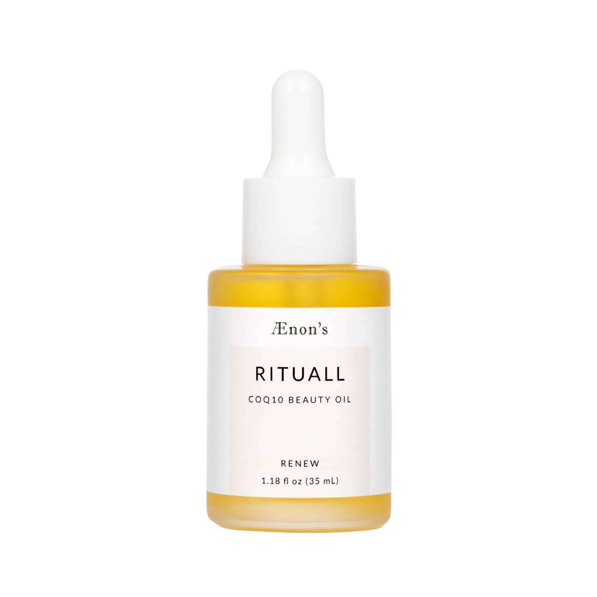 AEnon's gold colored COQ10 Beauty Oil in a clear glass bottle with a white drop pipette top and white product label.