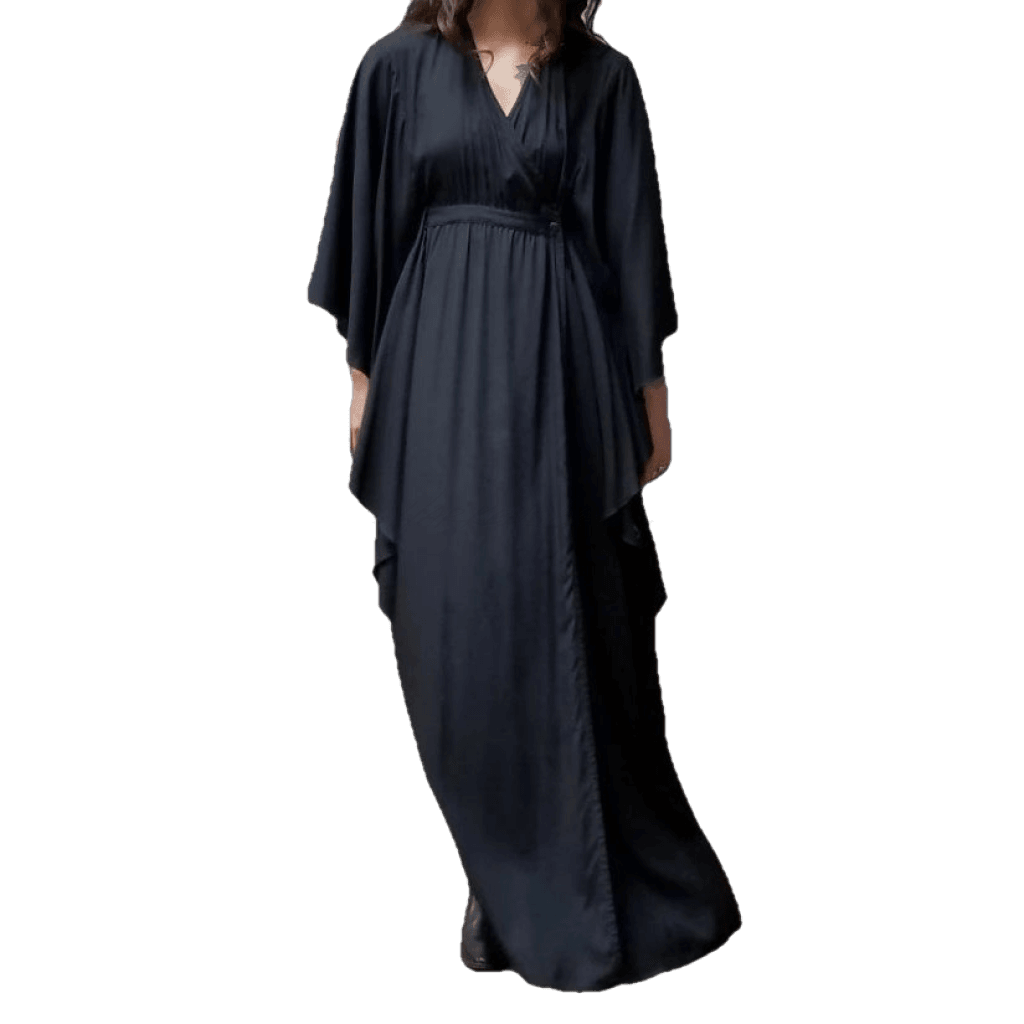 Model wearing McCULLOUGH Butterfly Maxi dress in black knit jersey at Harkensback.