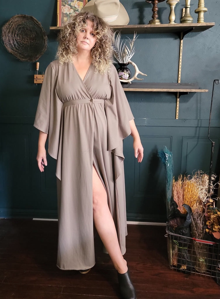 Butterfly Kaftan Flowing Maxi Dress Cotton Jersey Knit - Mushroom / 2 Apparel