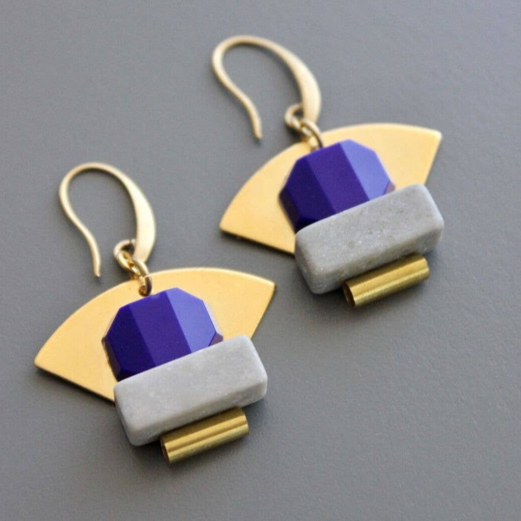 Cobalt Glass & Brass Modernist Earrings Jewelry Earring