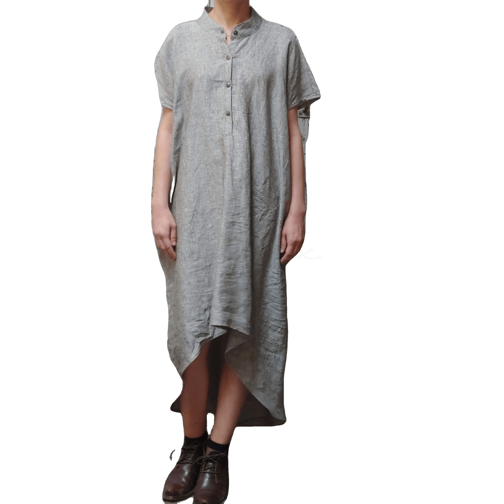 Model in McCULLOUGH High Low Henley Tunic in silver textured linen at Harkensback.
