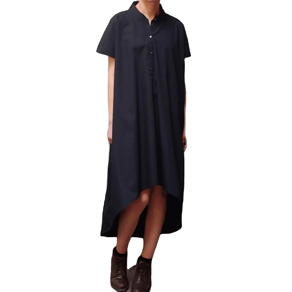 Model in McCULLOUGH button down High Low Henley Tunic with nehru collar in black pima cotton at Harkensback.