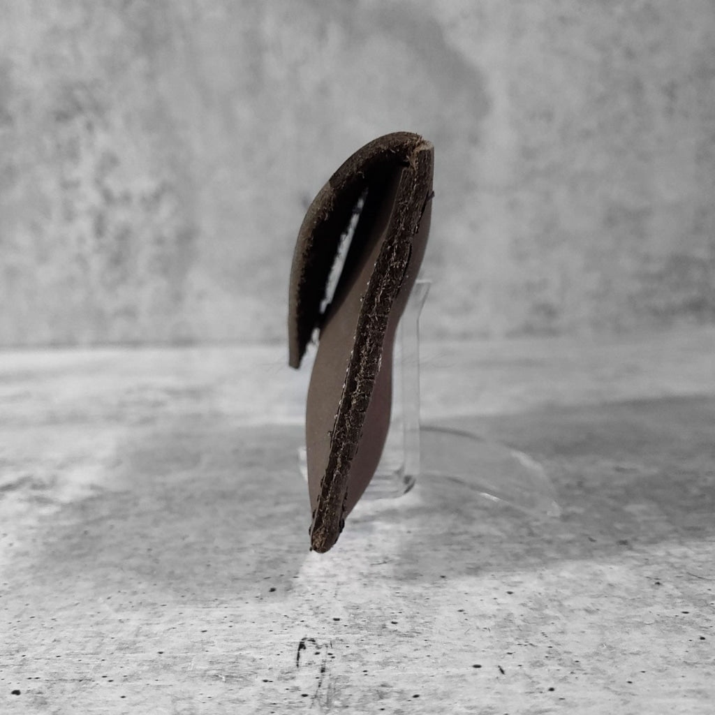 Side view of "raw leather card holder" in slate grey against a concrete background.
