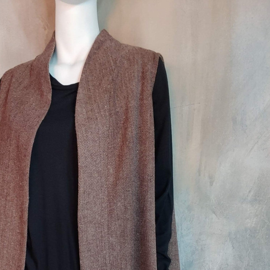 Mo Split Back Long Vest Wool Blend Herringbone - Wine And Taupe Apparel Jacket