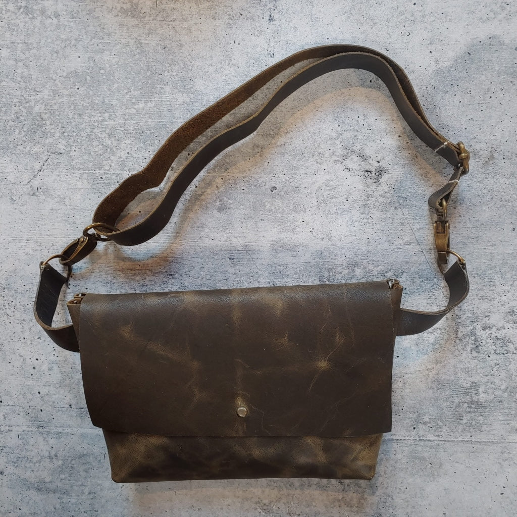 The Companion Hip Belt Bag - Sam Browne Button Closure Olive Oiled Green Leather