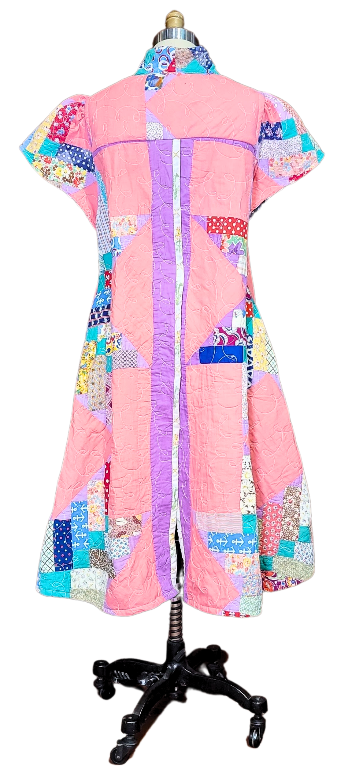 Vintage Quilt Jacket - All Season Split Back with Hi-Low Hemline - Pink & Patchwork with Puffy Cap Sleeve