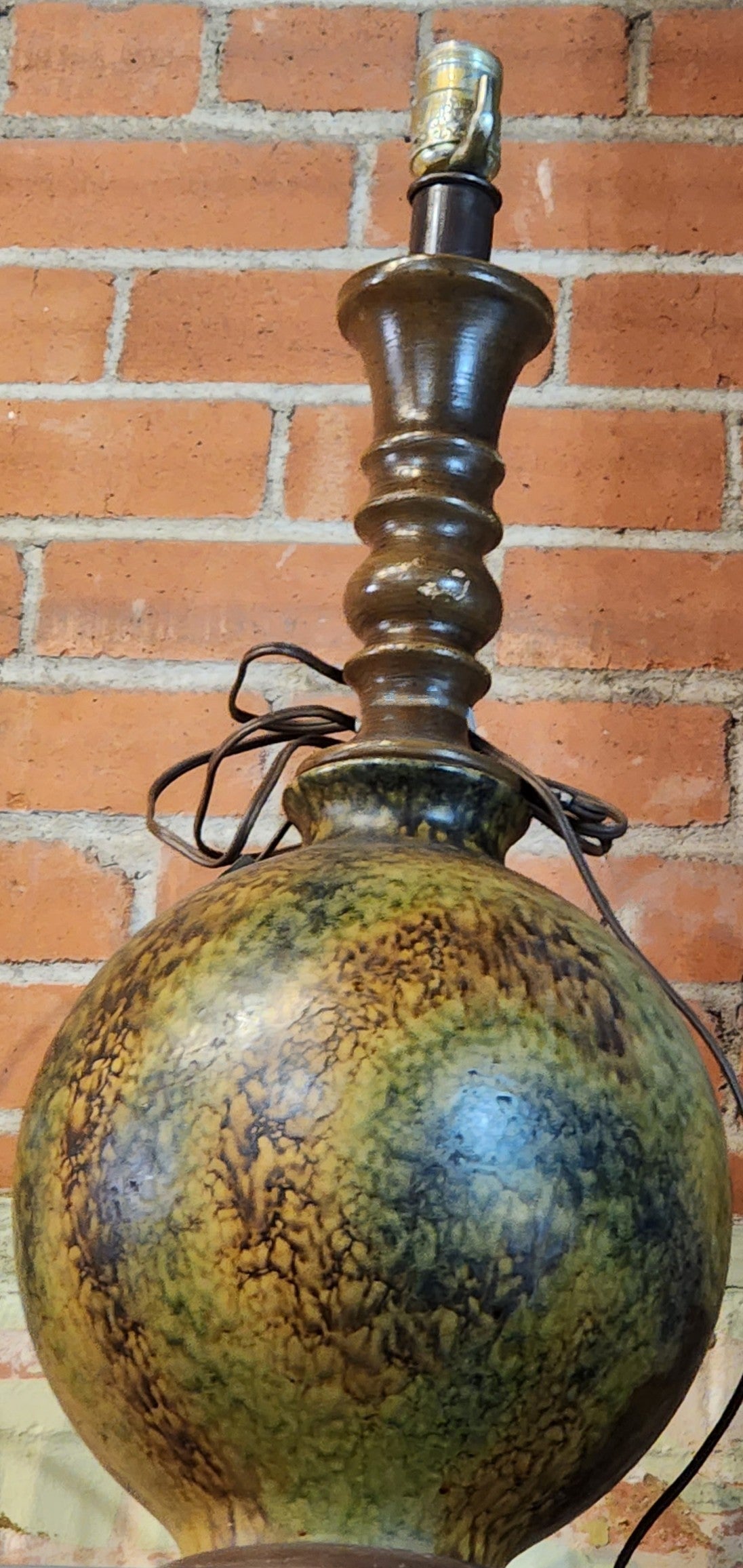 Vintage Glazed Pottery Wood Table Lamp Mid-Century