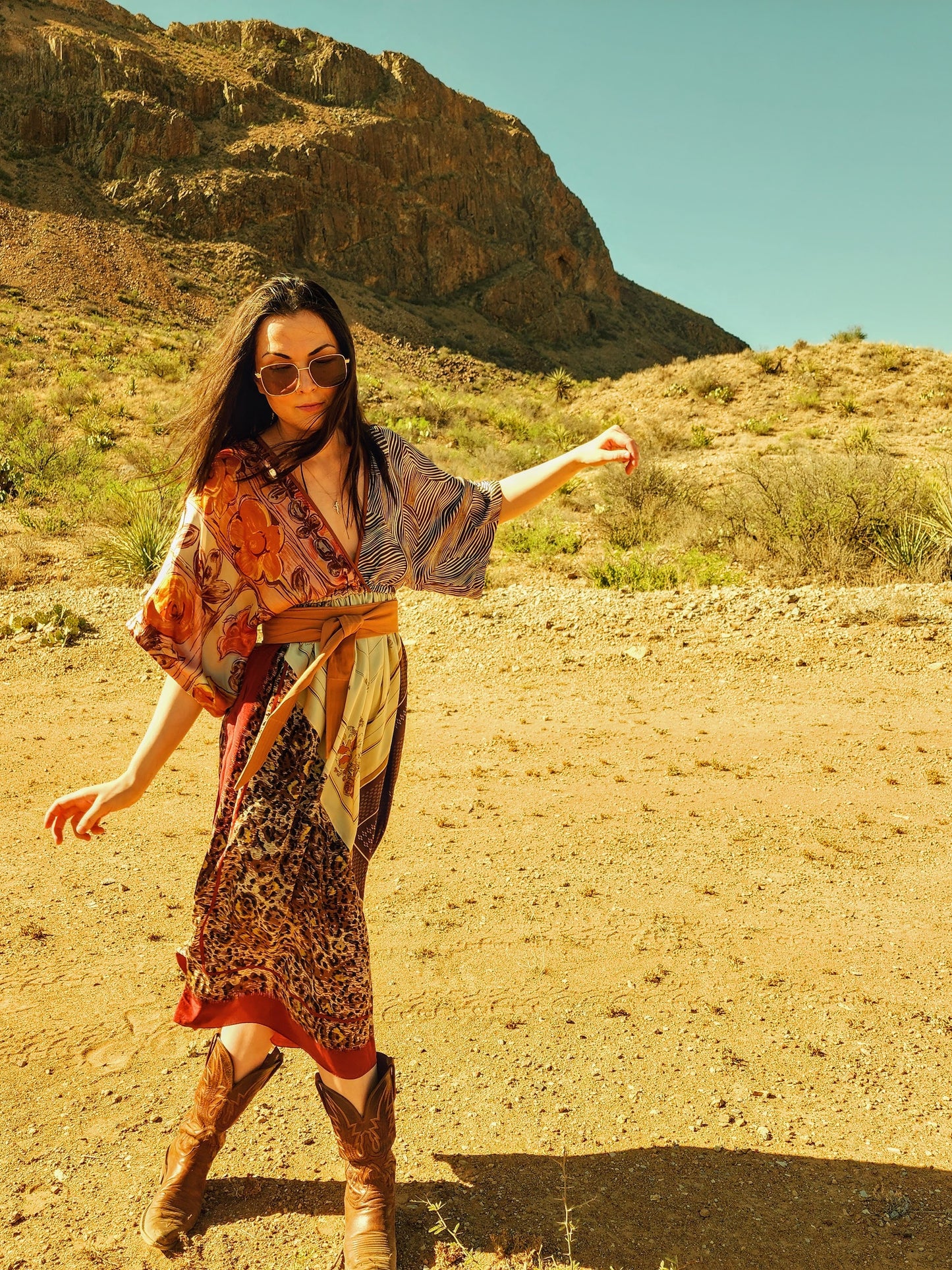 The Sarita Dress Above-The-Ankle - Desert/Multi, Vintage Silk Blend Scarves