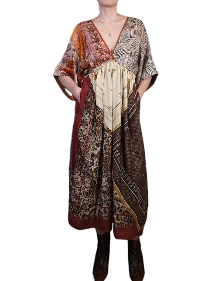 The Sarita Dress Above-The-Ankle - Desert/Multi, Vintage Silk Blend Scarves