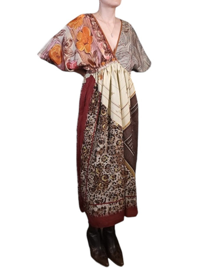 The Sarita Dress Above-The-Ankle - Desert/Multi, Vintage Silk Blend Scarves