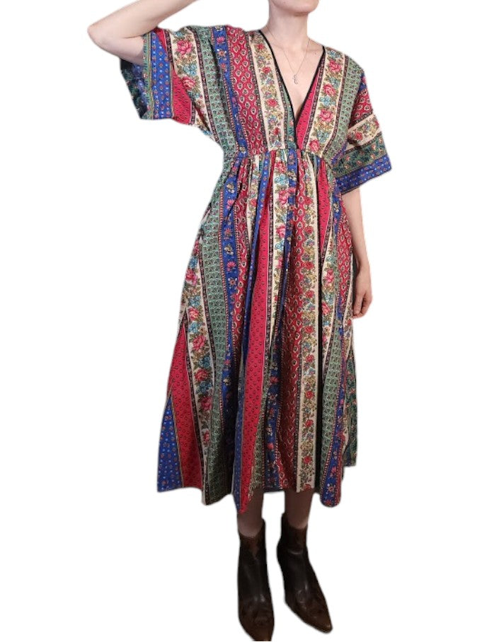 The Sarita Dress Midi - Multi Pattern, Vintage Cotton Blend