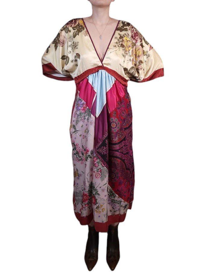 The Sarita Dress Above-The-Ankle - Maroon/Multi, Vintage Silk Blend Scarves