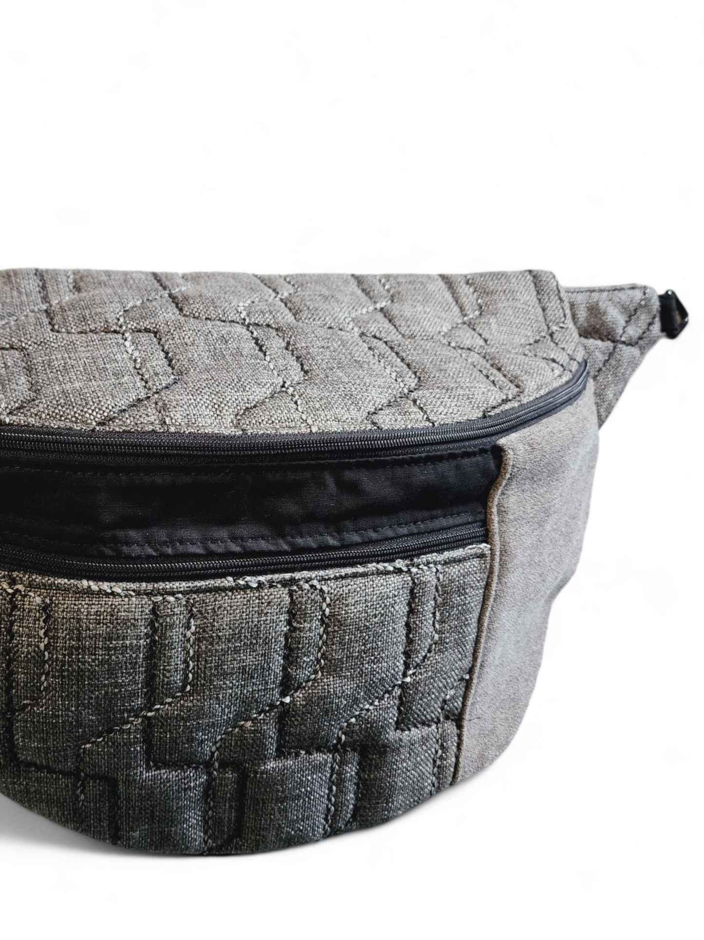 The Traveler in Quilted Designer Fabric - Sling Crossbody Bag - Gray/Black Stitched 038