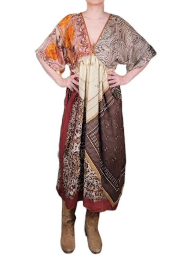 The Sarita Dress Above-The-Ankle - Desert/Multi, Vintage Silk Blend Scarves