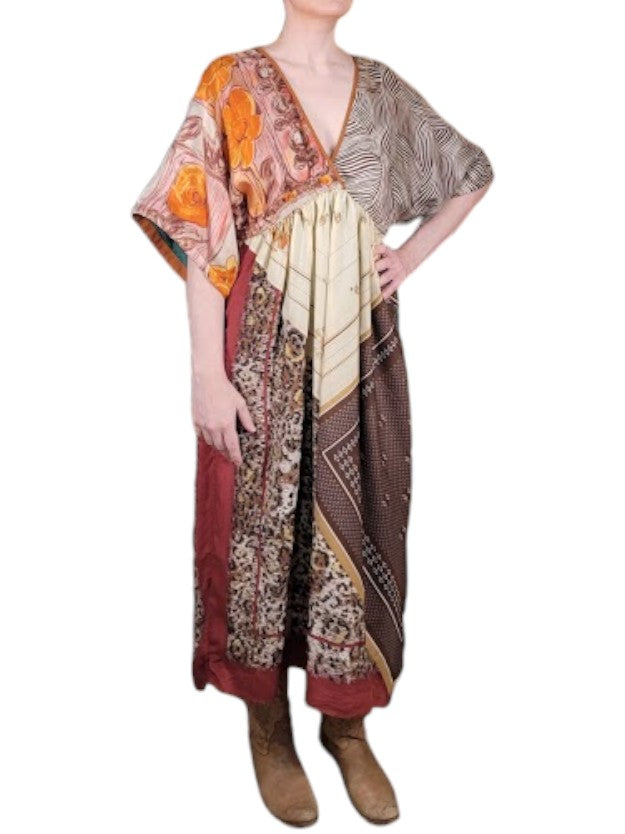 The Sarita Dress Above-The-Ankle - Desert/Multi, Vintage Silk Blend Scarves