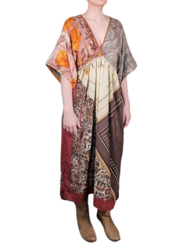 The Sarita Dress Above-The-Ankle - Desert/Multi, Vintage Silk Blend Scarves