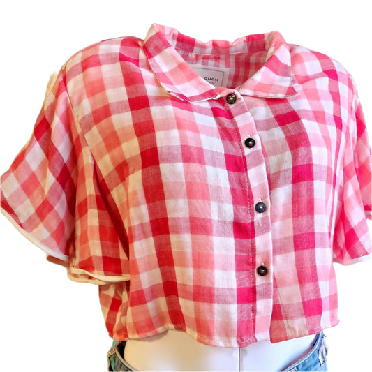 Point Collar Flounce Sleeve Cropped Button Up Top