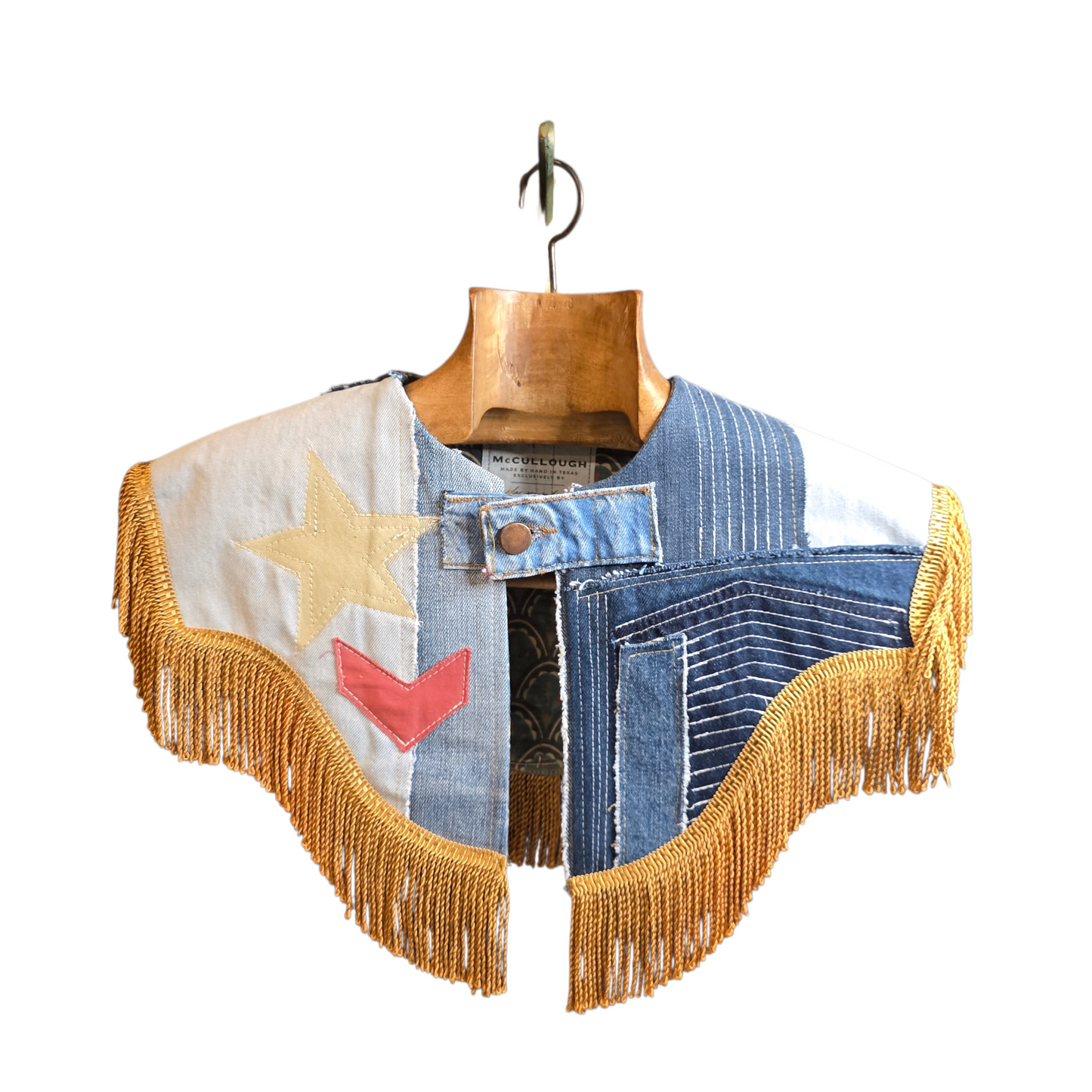 Western for the Weekend — Tie-On Fringe Capelet (Vintage Wrangler Denim + Texas Flag Back + Bullion Fringe)