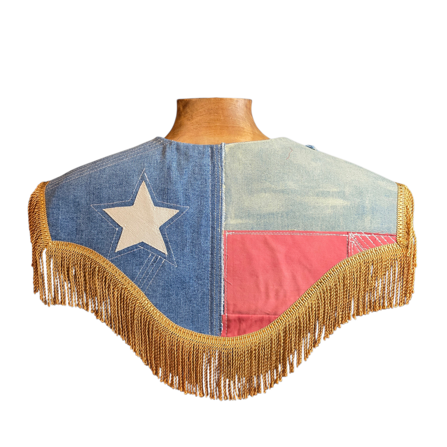 Western for the Weekend — Tie-On Fringe Capelet (Vintage Wrangler Denim + Texas Flag Back + Bullion Fringe)