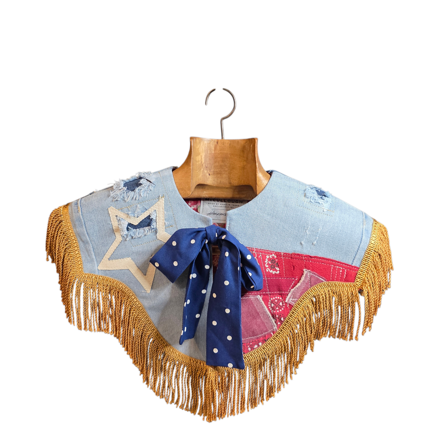 Western for the Weekend — Tie-On Fringe Capelet (Reclaimed Denim + Texas Flag Patchwork + Bullion Fringe)