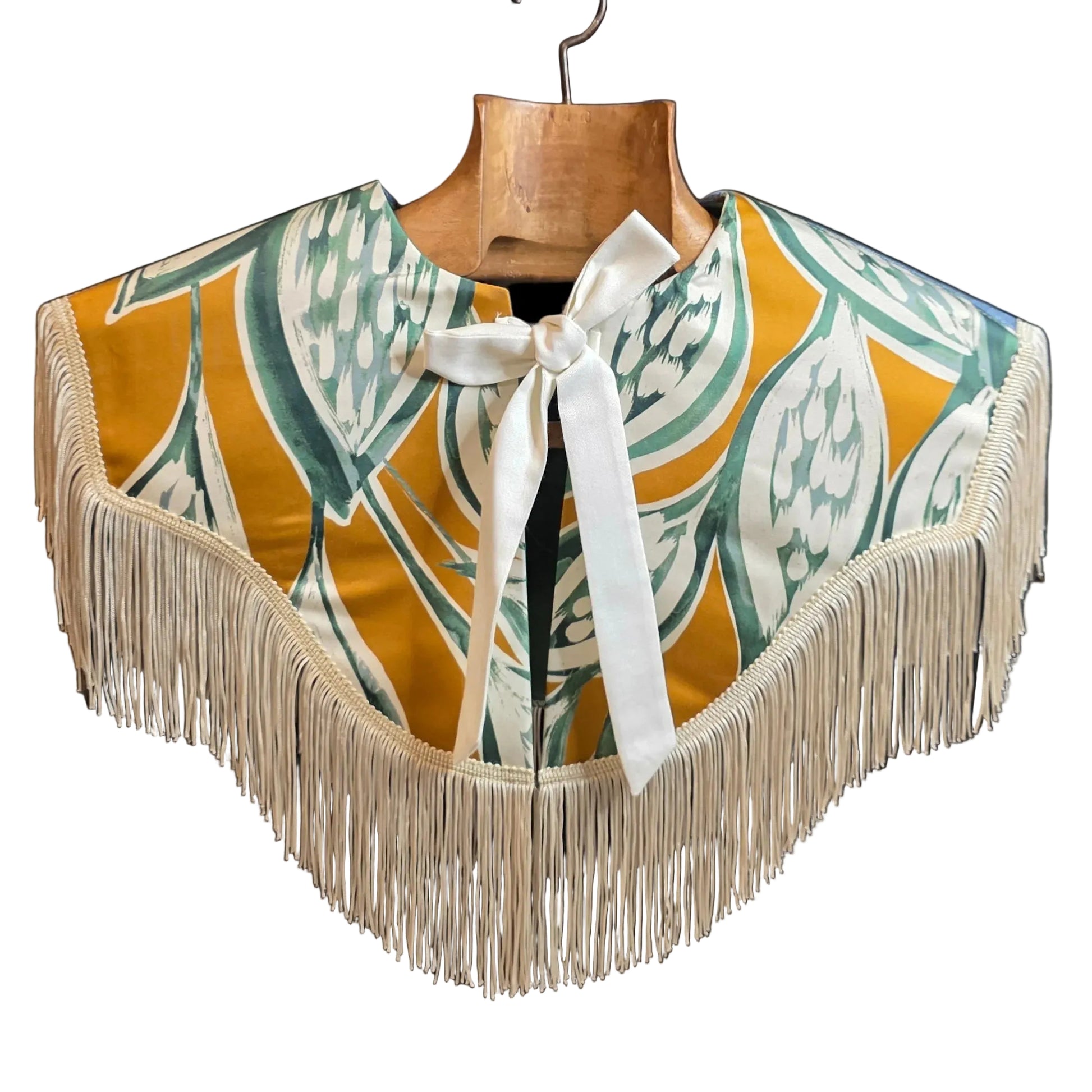 Western for the Weekend — Tie-On Fringe Capelet MADE IN TEXAS by McCULLOUGH for Harkensback
Ochre & Sage Champagne fringe. Festival Collar