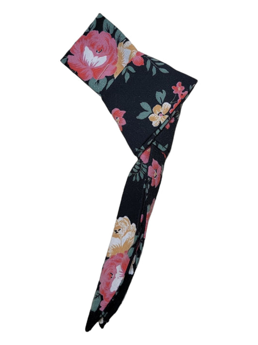 Skinny Bandana Necktie Scarf - Dark Pink/Gold Floral, Cotton