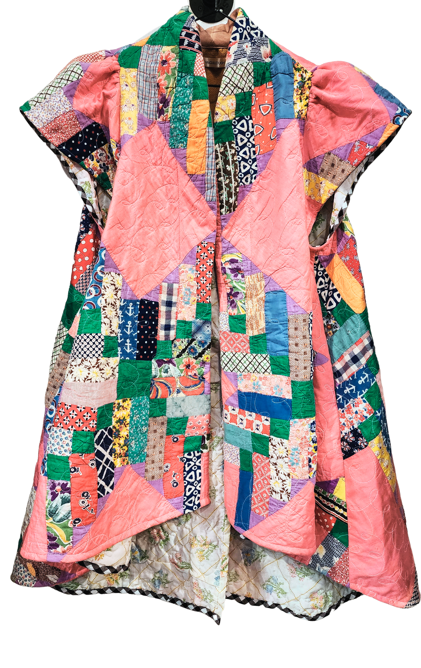 Vintage Quilt Jacket - All Season Split Back with Hi-Low Hemline - Pink & Patchwork with Puffy Cap Sleeve