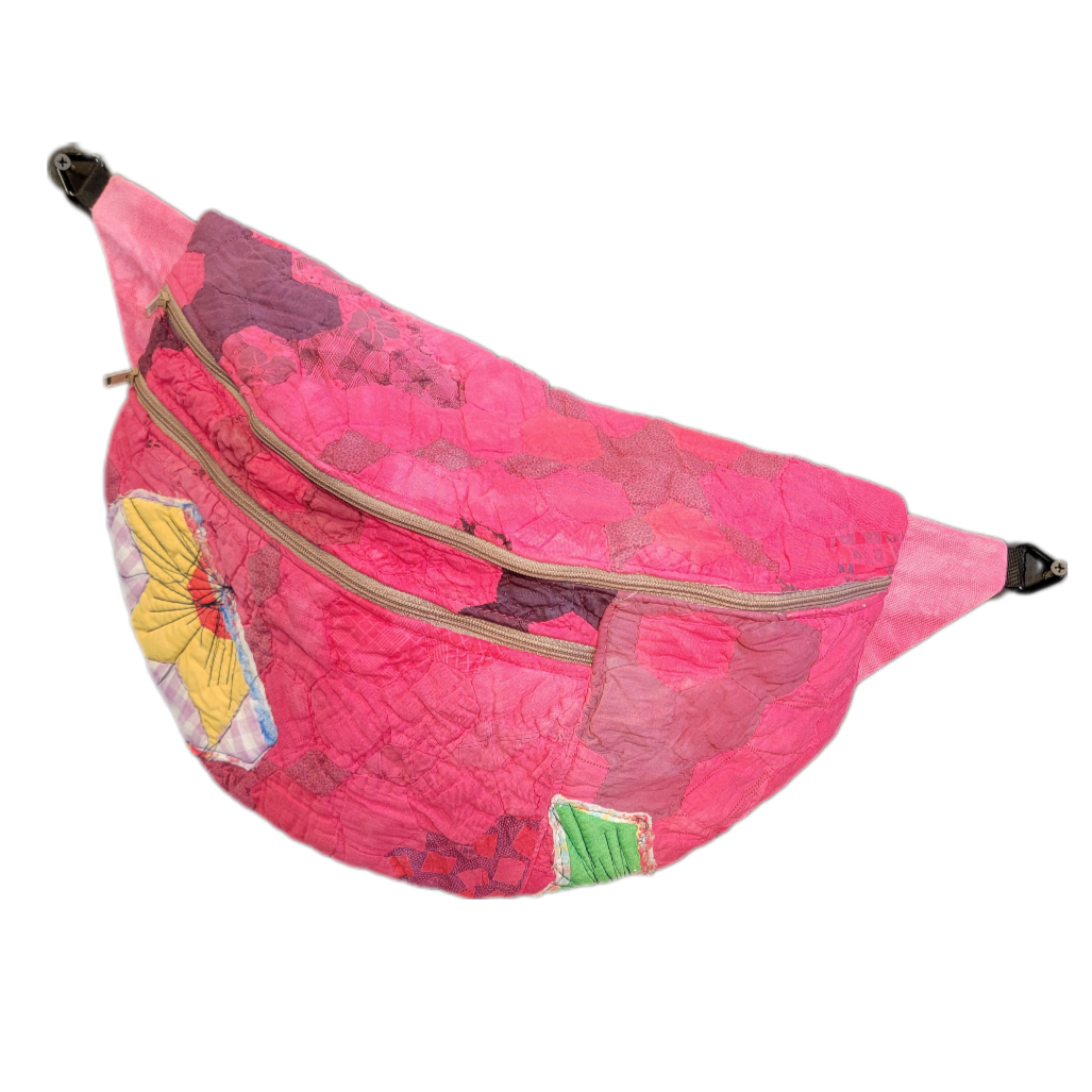 Vintage Quilt Fanny Pack - Sling Crossbody Bag - Hex Granny Floral Garden in Hand Dyed Pink with Over-Patching and Stitchwork 031