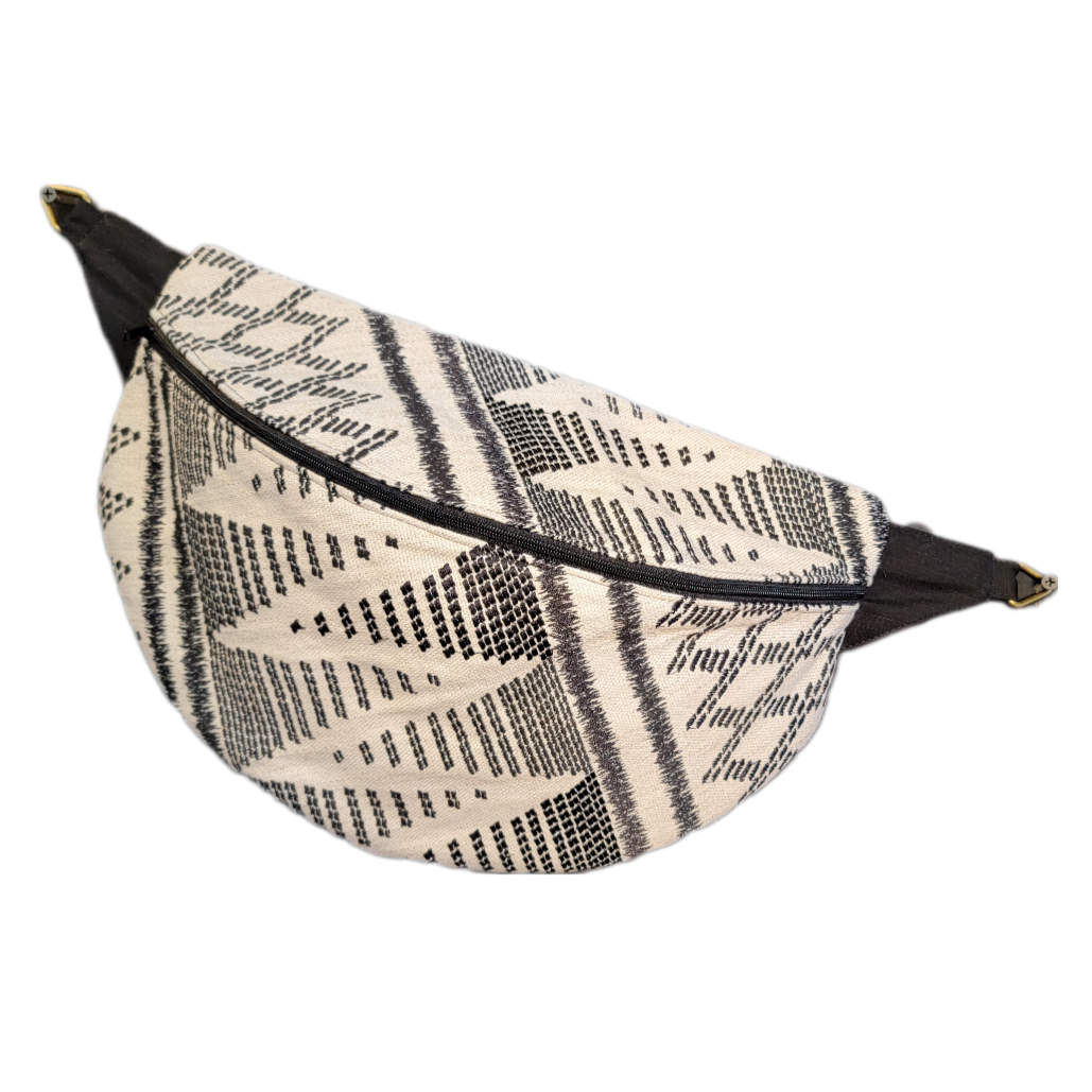 Designer Quilt Fanny Pack - Sling Crossbody Bag - Black and White Abstract Southwestern Pattern 033