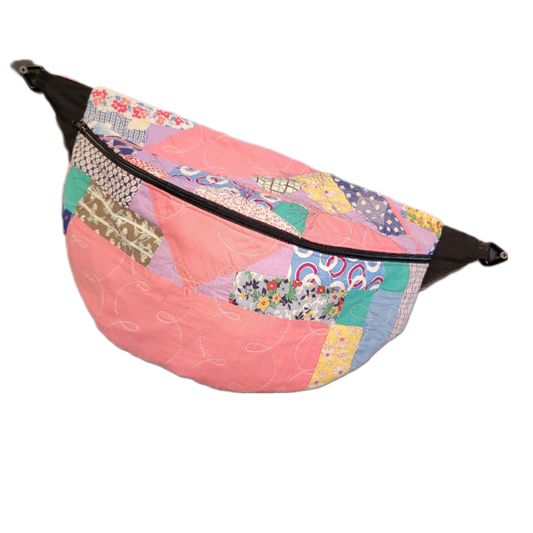 Vintage Quilt Fanny Pack - Sling Crossbody Bag - Pink Feedsack with Over-Patching & Stitchwork 020