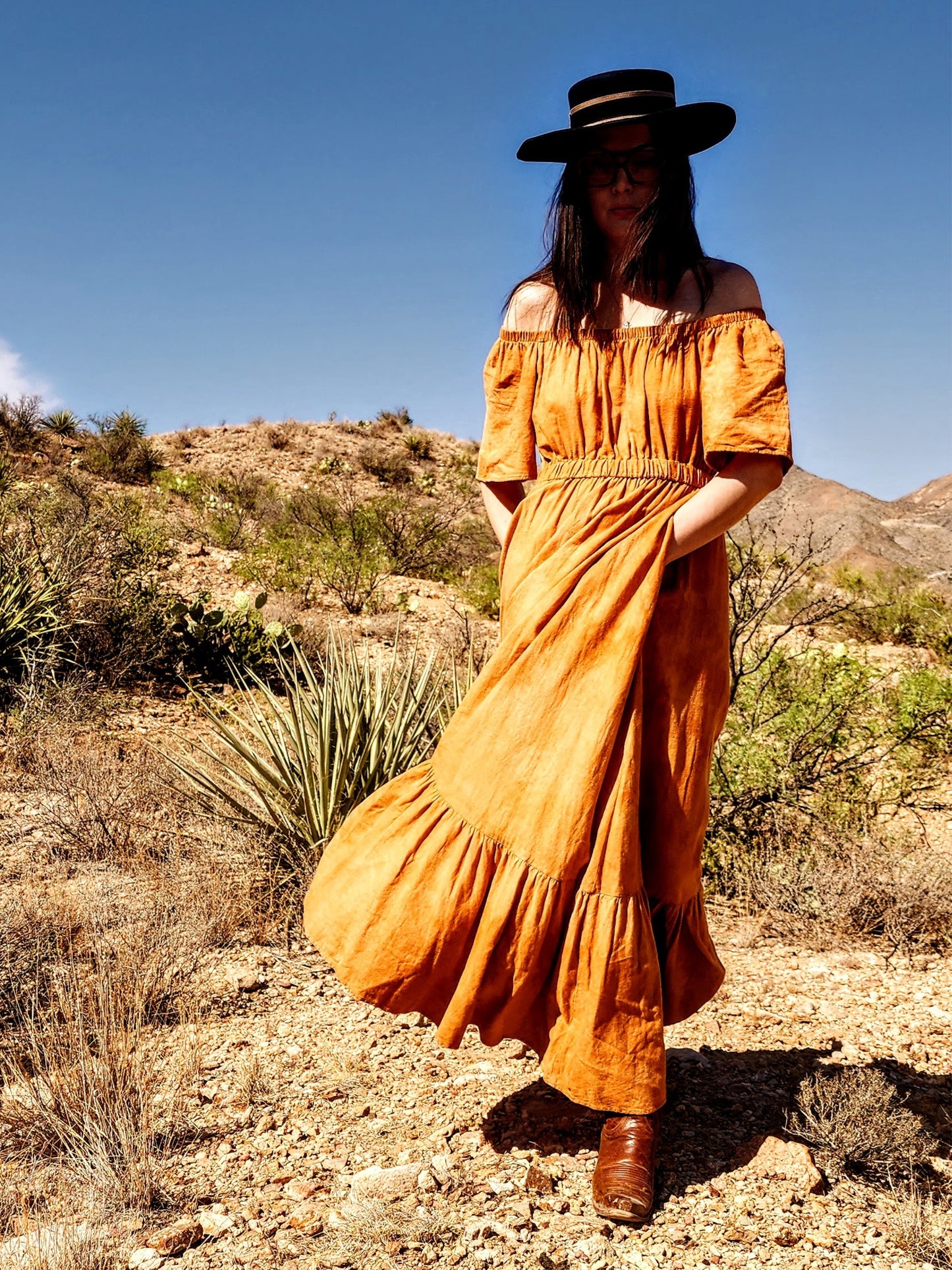 The Louise Maxi Dress in Hand-Dyed Persimmon Linen. Off or On the Shoulders, Elastic Waistline